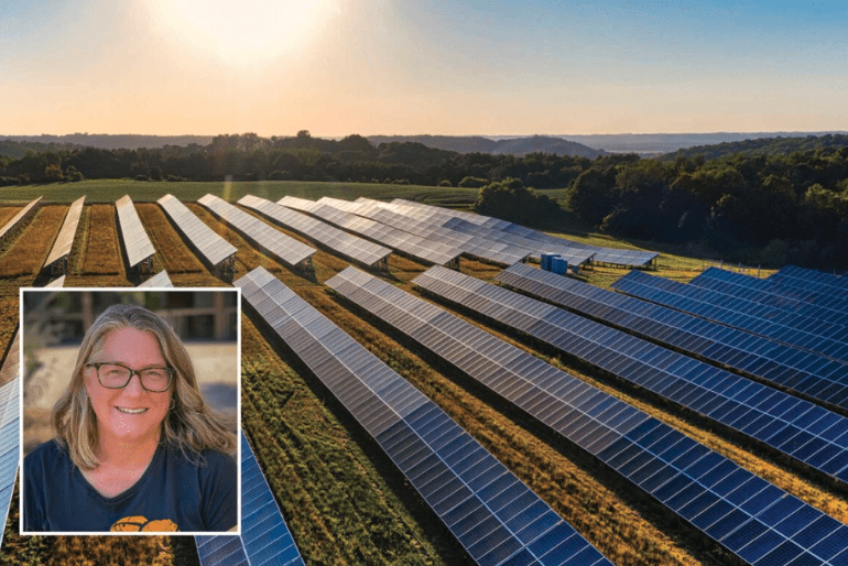 Solar panels and farmland with inset photo of Susan Phillips